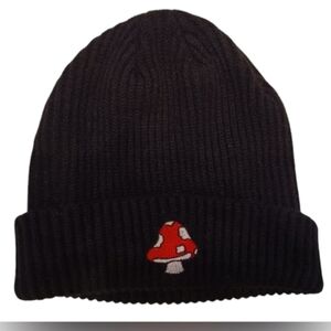 Winter Hat with Embroidered Mushroom Patch